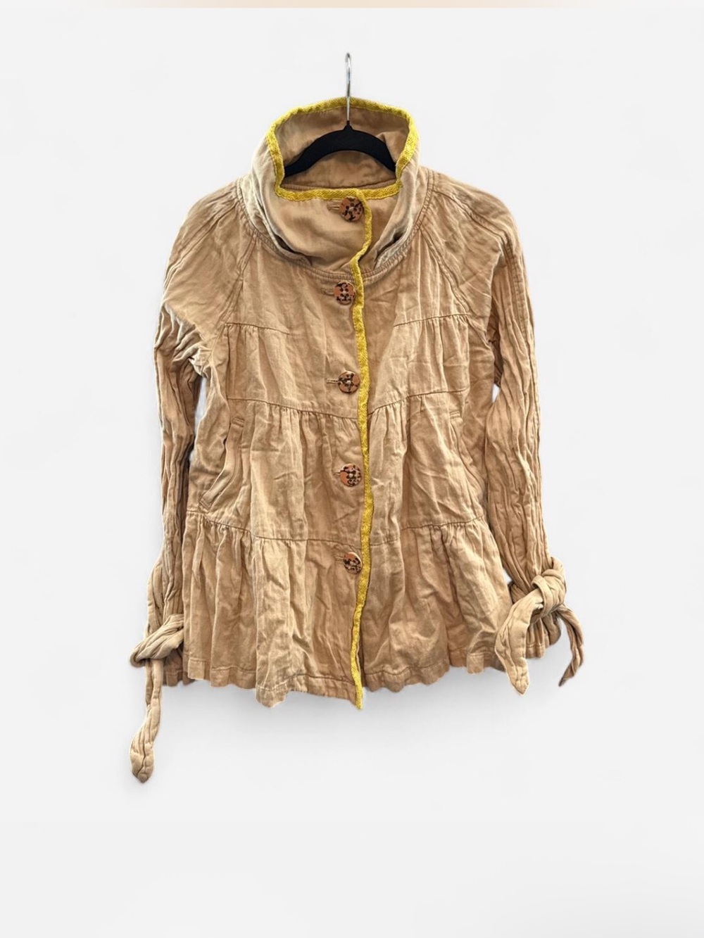 Heihei Beige Utility Jacket size S Yellow Trim Button Front boho preppy casual